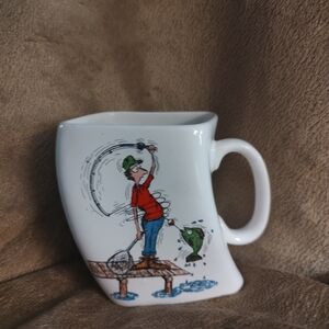 Quirky fun 1992 White Mug with Fishing Cartoon. 12oz and uniquely shaped.
